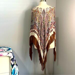 Chico's One Size Multicolor Paisley Faux Suede Fringe Poncho Southwestern Boho